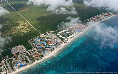 Ilustración aérea de la playa Punta Caracol, Riviera Cancún, Caribe Mexicano