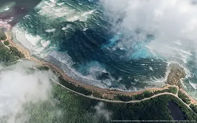 Ilustración aérea de la playa Punta Herradura, Mahahual, Caribe Mexicano