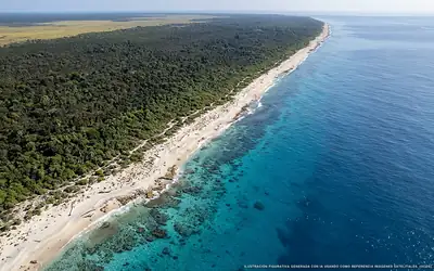 Ilustración aérea de la playa Punta Molas, Cozumel, Caribe Mexicano