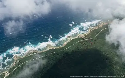 Illustrazione aerea della spiaggia Punta Pulticub, Costa Maya, Caraibi messicani
