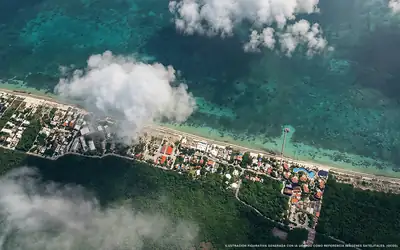 Illustration aérienne de la plage Pureto Morelos Norte, Puerto Morelos, Caraïbes mexicaines
