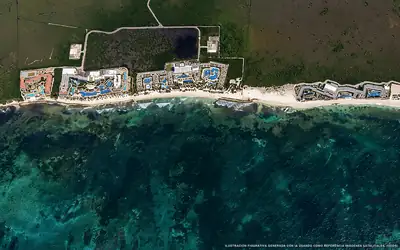 Ilustración aérea de la playa Riviera Cancún Norte, Riviera Cancún, Caribe Mexicano