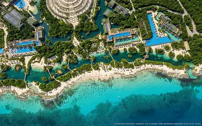 Ilustración aérea de la playa Xcaret Arte, Riviera Maya, Caribe Mexicano