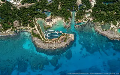 Illustration aérienne de la plage Xcaret, Riviera Maya, Caraïbes mexicaines