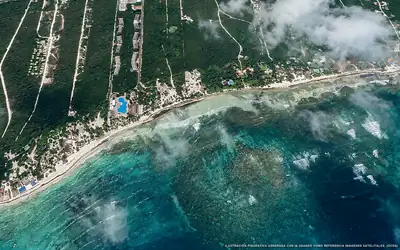 Illustration aérienne de la plage Xpu-Ha, Riviera Maya, Caraïbes mexicaines