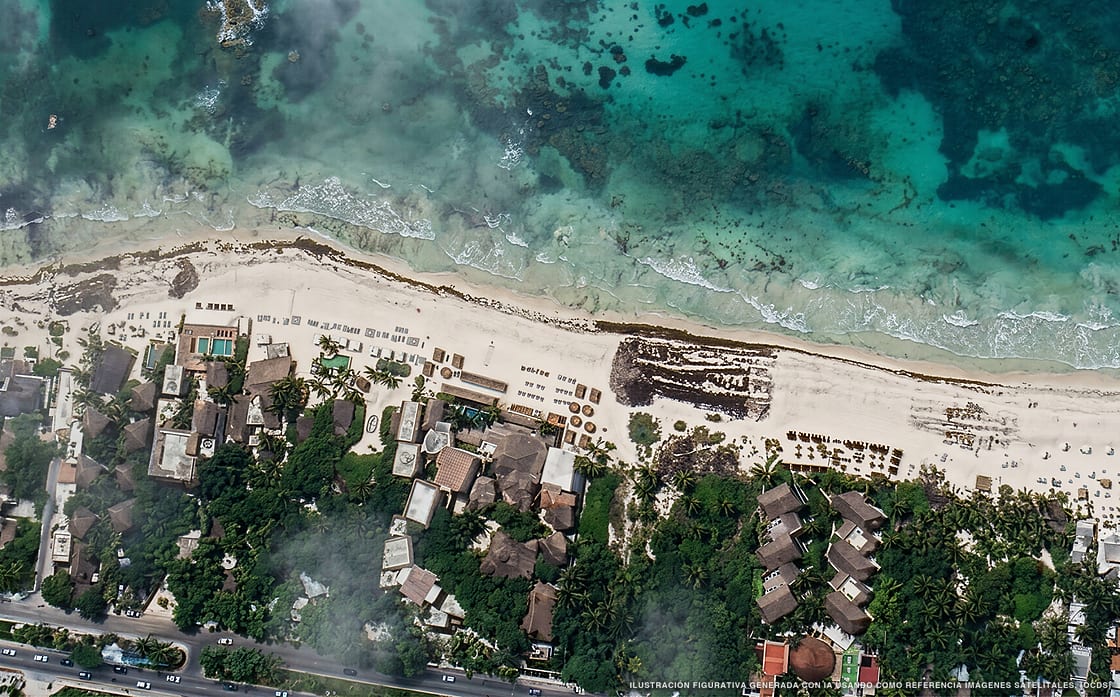 Illustrazione aerea di Amansala, Tulum (spiaggia Playa Del Pueblo), Caraibi messicani