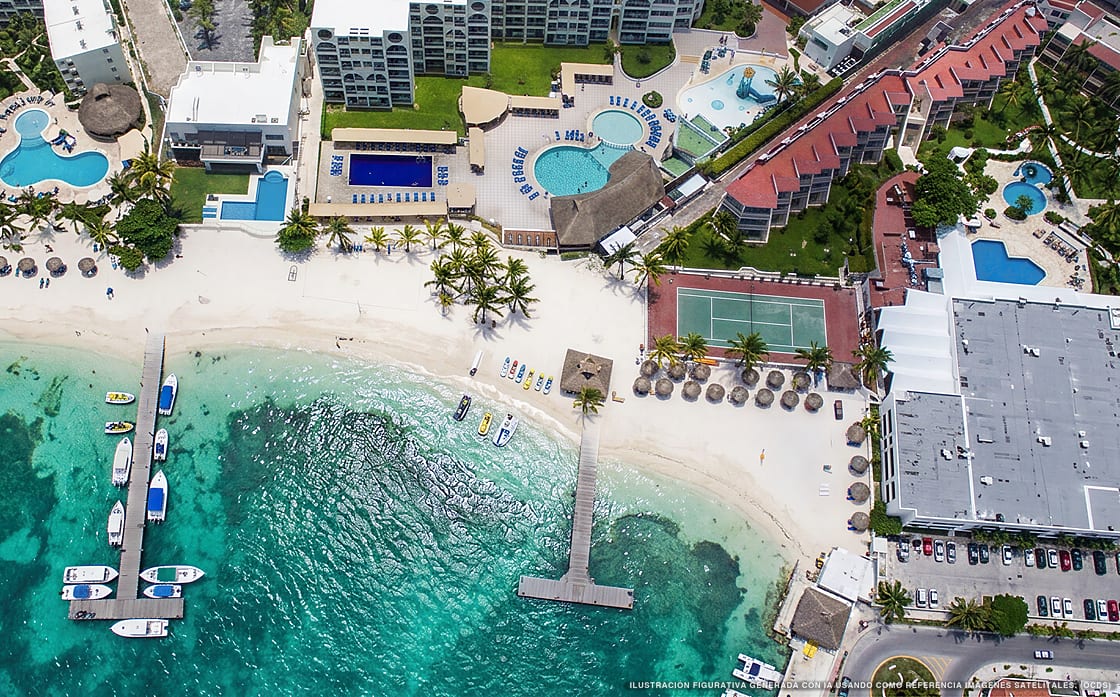 Ilustración aérea de Aquamarina Beach Hotel, Cancún (playa Playa Las Perlas), Caribe Mexicano