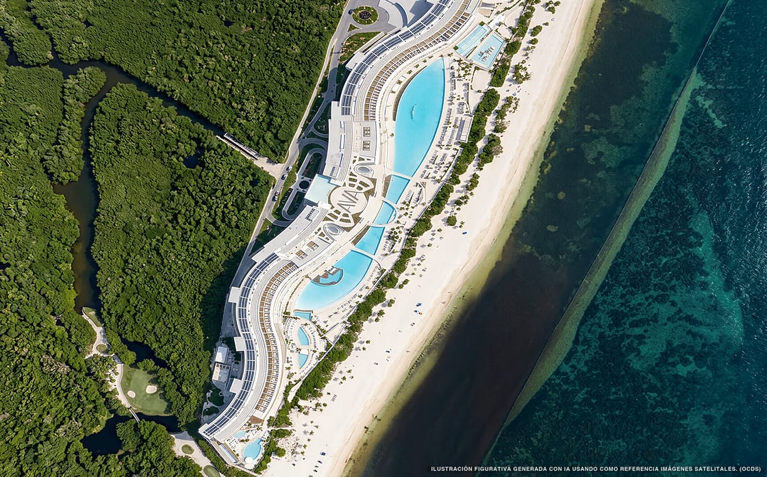 Illustration aérienne d'AVA Resort Cancún, Cancún (plage Playa Coral Ii), Caraïbes mexicaines