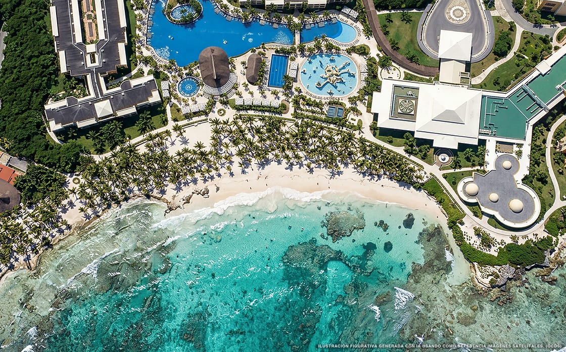 Illustration aérienne de Barceló Maya Palace, Puerto Aventuras (plage Playa Cordoba), Caraïbes mexicaines