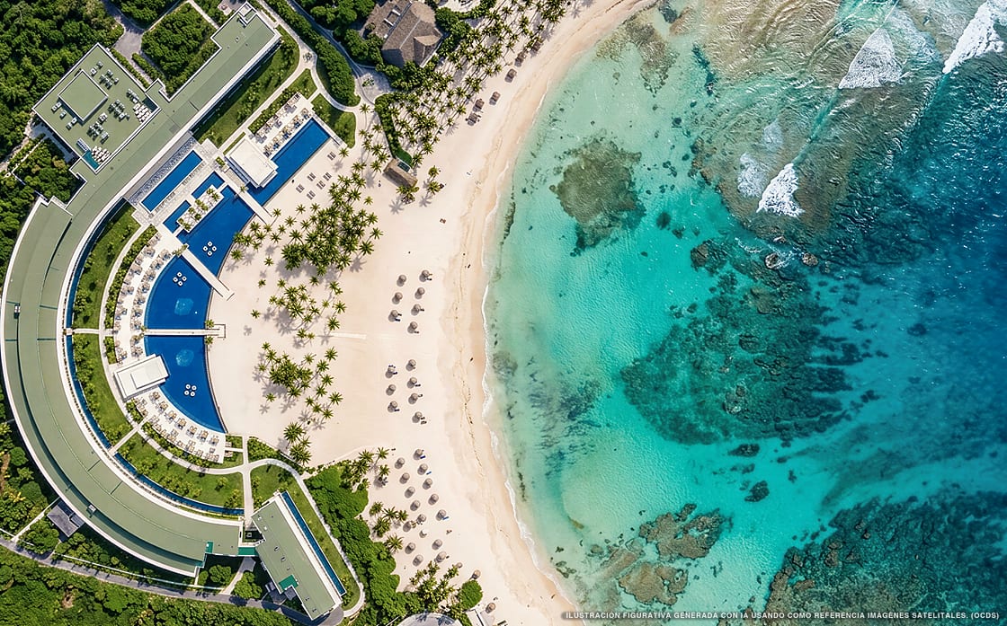 Illustrazione aerea di Barceló Maya Riviera, Puerto Aventuras (spiaggia Playa Cordoba), Caraibi messicani
