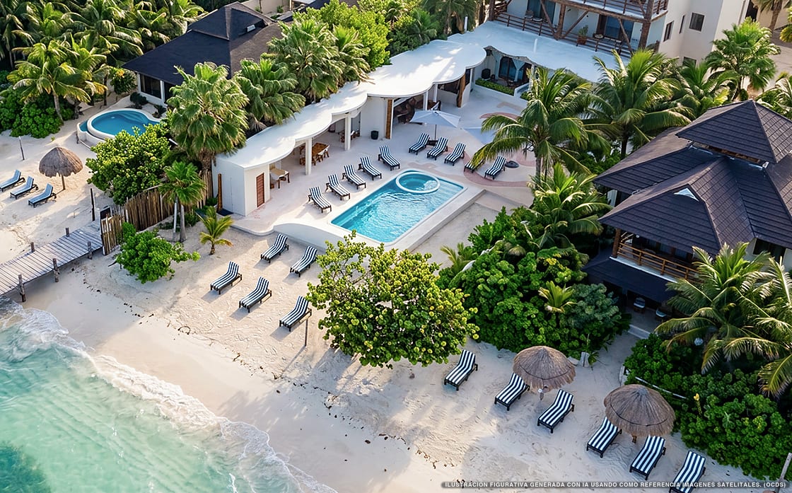 Illustrazione aerea di Beachfront Hotel Boutique DK, Holbox (spiaggia Holbox Sur), Caraibi messicani