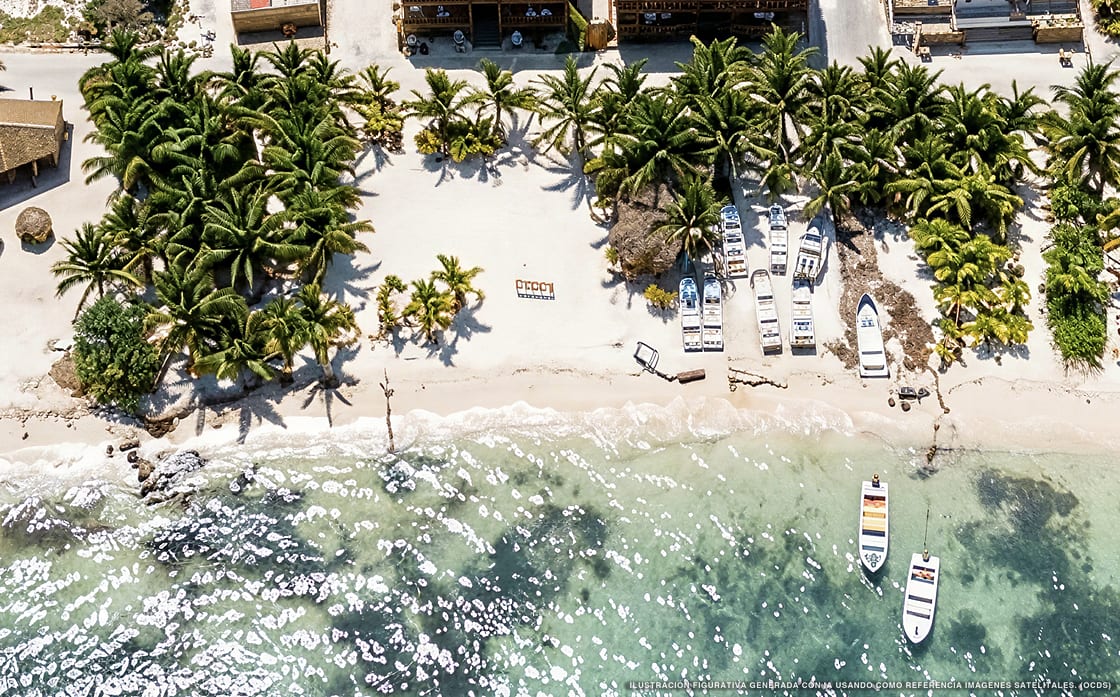 Ilustración aérea de Cabañas Palmeras de Mahahual, Mahahual (playa Mahahual Centro), Caribe Mexicano
