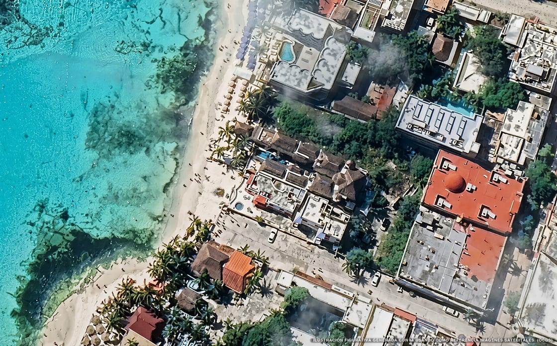 Illustration aérienne de Capital O Mimi Del Mar, Playa del Carmen (plage Playa Fundadores), Caraïbes mexicaines
