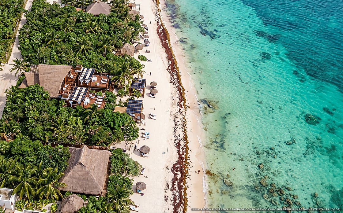Illustration aérienne de Casa Hayhu Beach, Mahahual (plage Playa Sarahi), Caraïbes mexicaines
