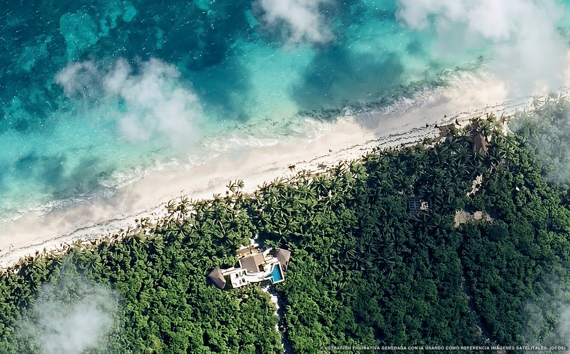 Illustration aérienne de Casa Nah Balam, Tulum (plage Boca Paila Norte), Caraïbes mexicaines
