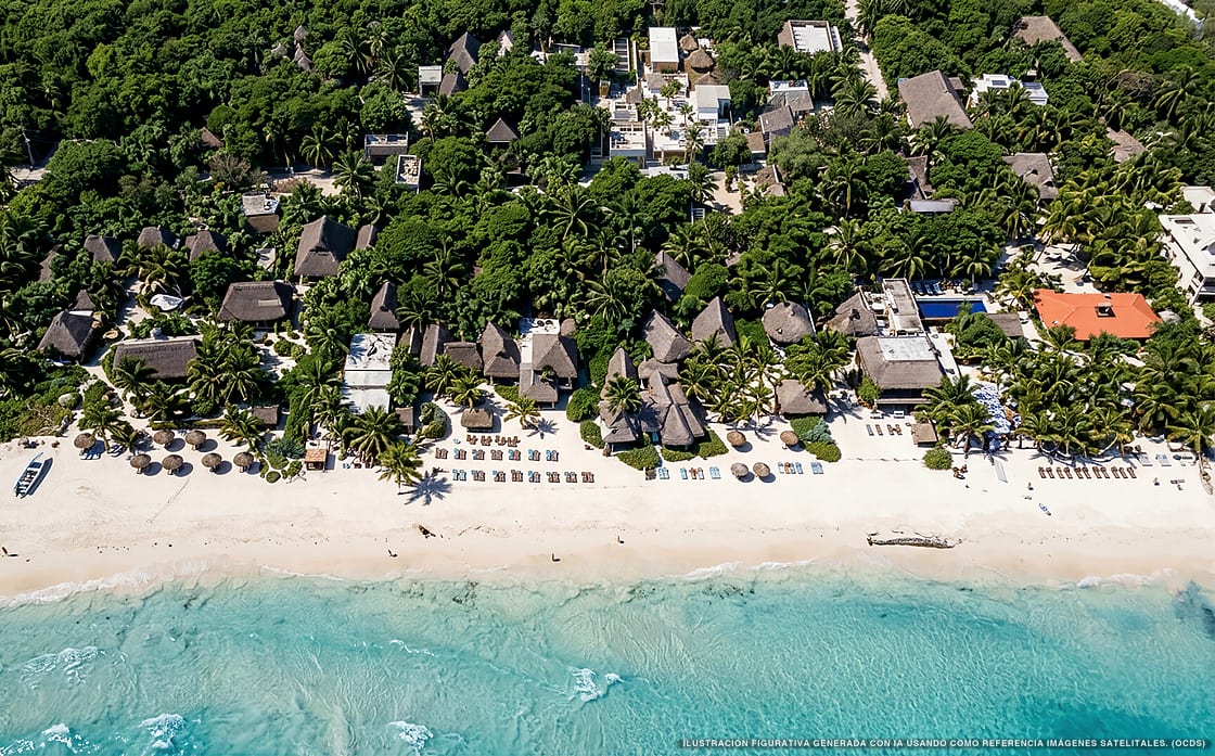 Illustration aérienne de Casa Violeta, Tulum (plage Playa Del Pueblo), Caraïbes mexicaines