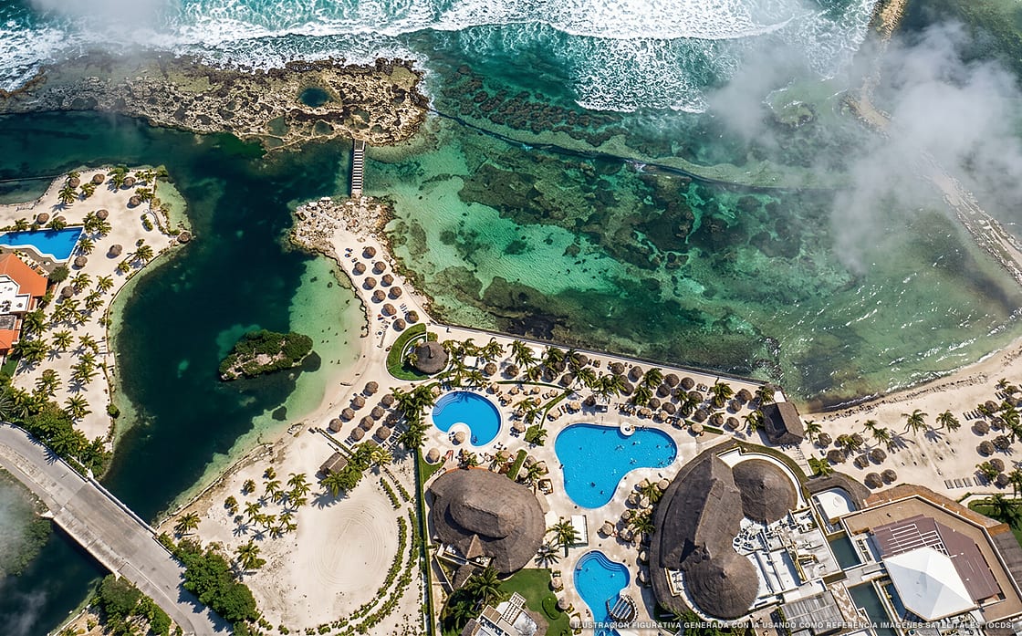 Illustrazione aerea di Catalonia Riviera Maya Resort, Puerto Aventuras (spiaggia Playa Catalonia), Caraibi messicani