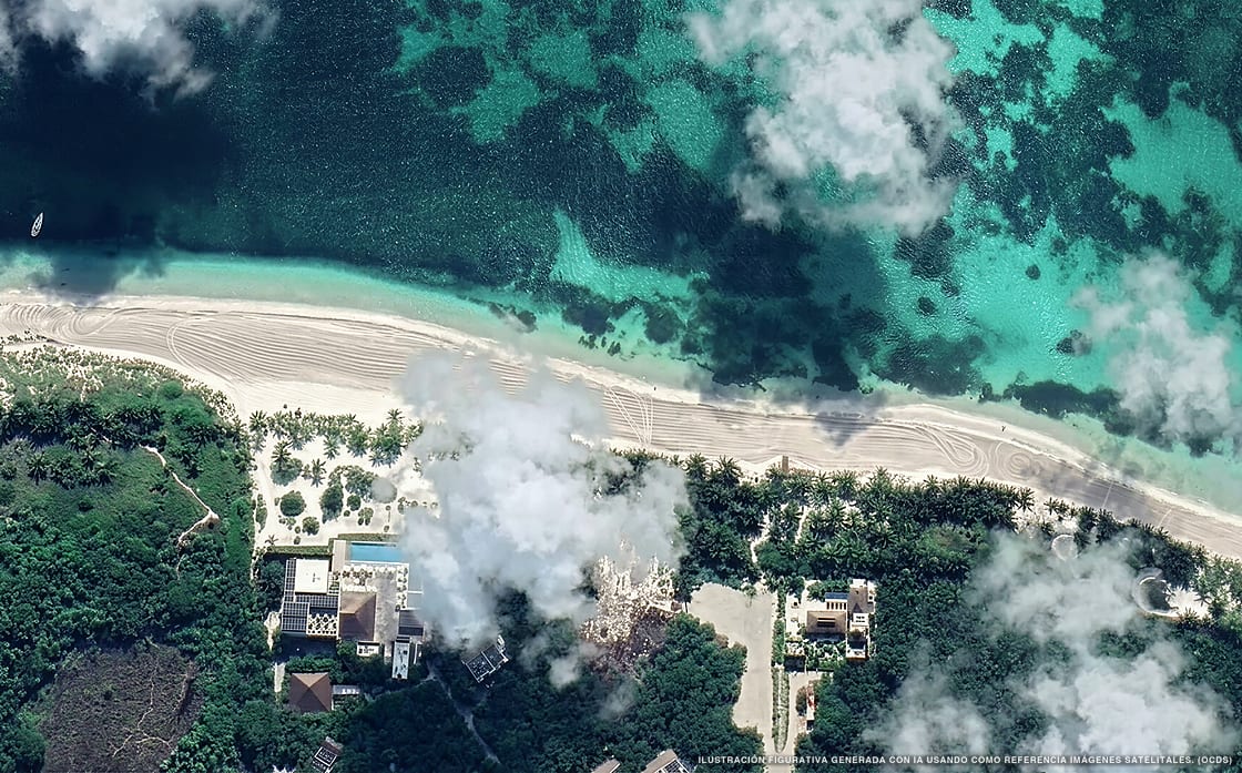 Illustrazione aerea di Chablé Maroma, Playa del Carmen (spiaggia Playa Kanai), Caraibi messicani