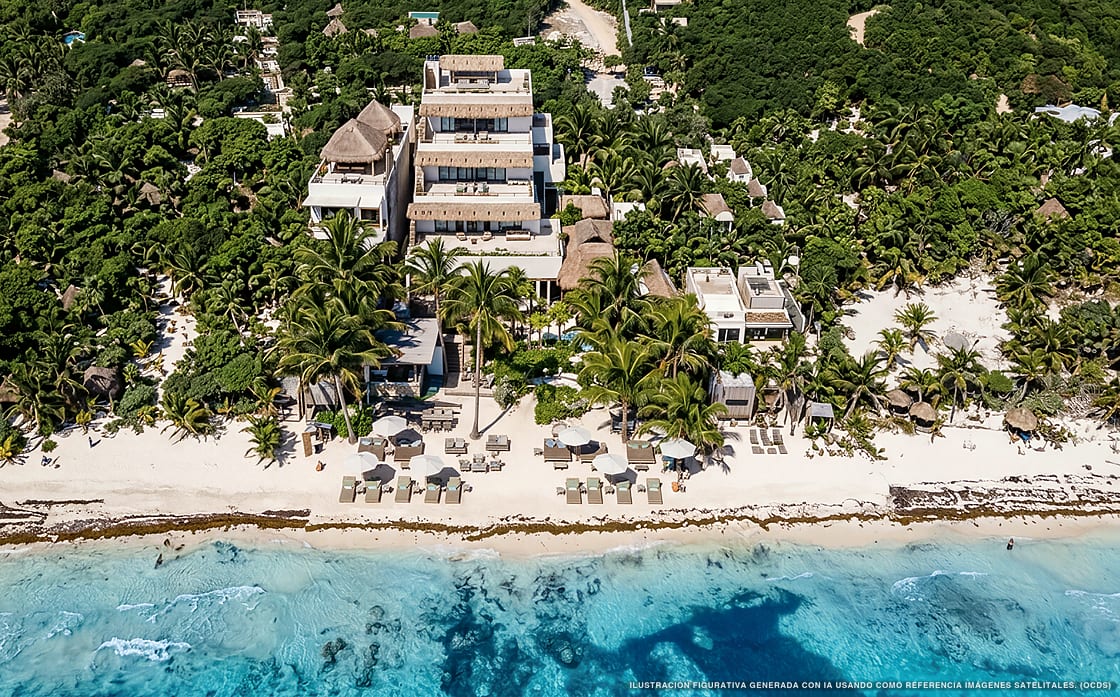 Illustrazione aerea di Chiringuito Tulum, Tulum (spiaggia Playa Del Pueblo), Caraibi messicani