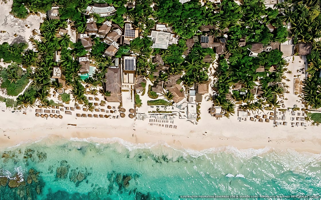Illustration aérienne de Coco Unlimited, Tulum (plage Playa Del Pueblo), Caraïbes mexicaines
