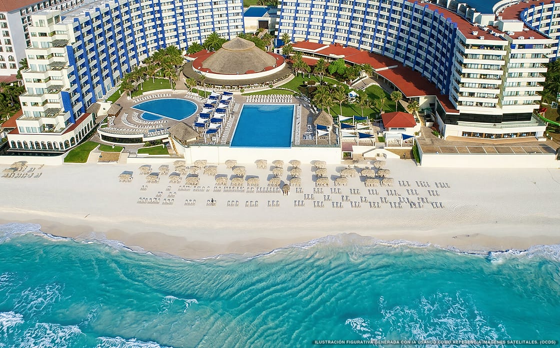 Illustration aérienne de Crown Paradise Club Cancún, Cancún (plage Playa Delfines), Caraïbes mexicaines