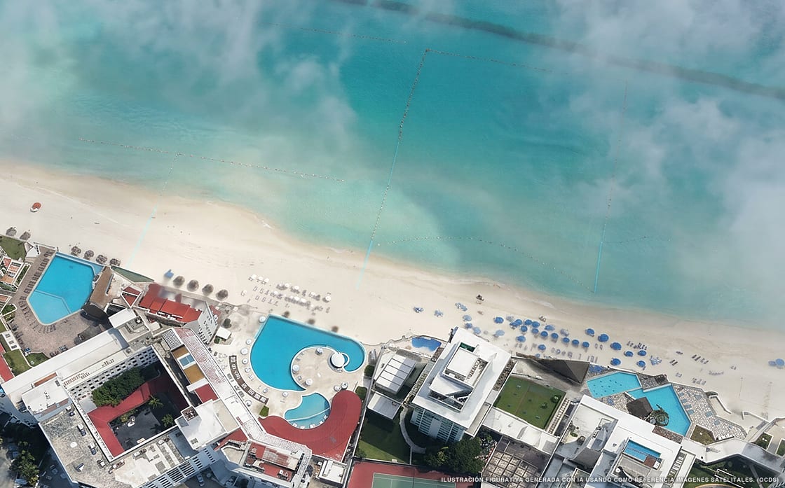Illustration aérienne de Cyan Cancún Resort & Spa, Cancún (plage Playa Delfines Sur), Caraïbes mexicaines