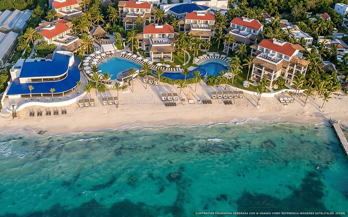 Illustration aérienne de Desire Pearl Riviera Maya, Puerto Morelos (plage Pureto Morelos Norte), Caraïbes mexicaines