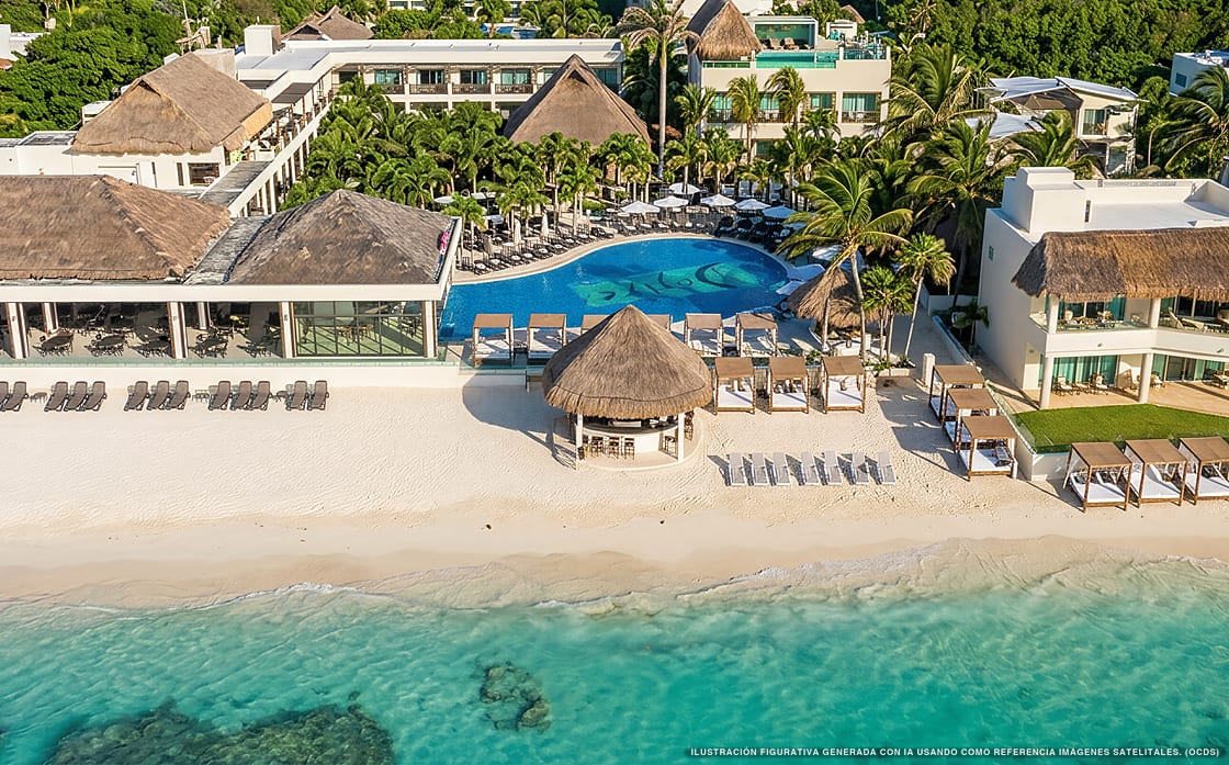 Ilustración aérea de Desire Riviera Maya Resort, Puerto Morelos (playa Punta Caracol), Caribe Mexicano