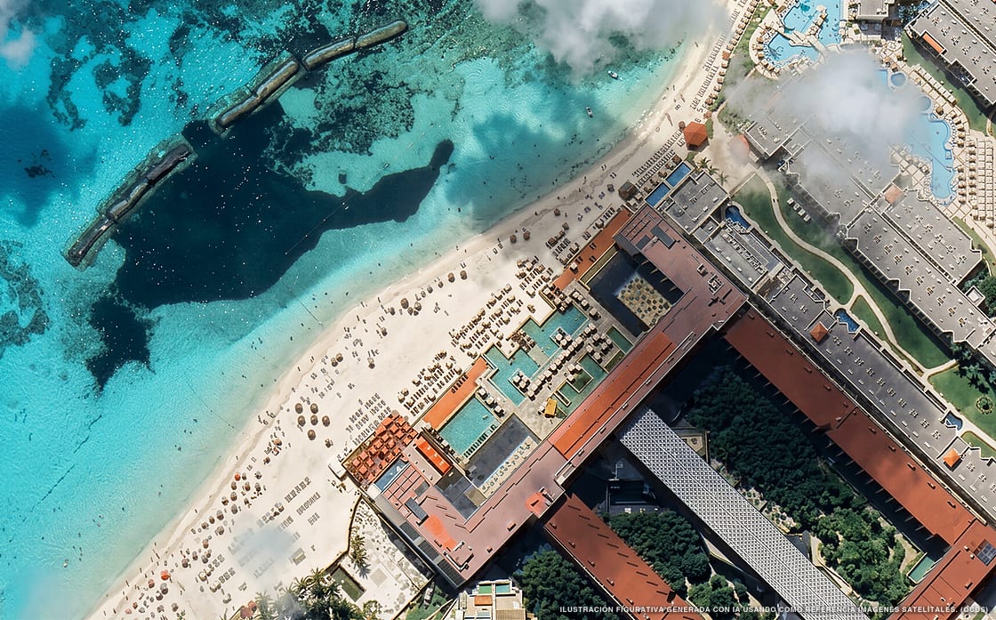 Illustration aérienne de Devossion By Live Aqua Playa del Carmen, Playa del Carmen (plage Playa Mamitas), Caraïbes mexicaines