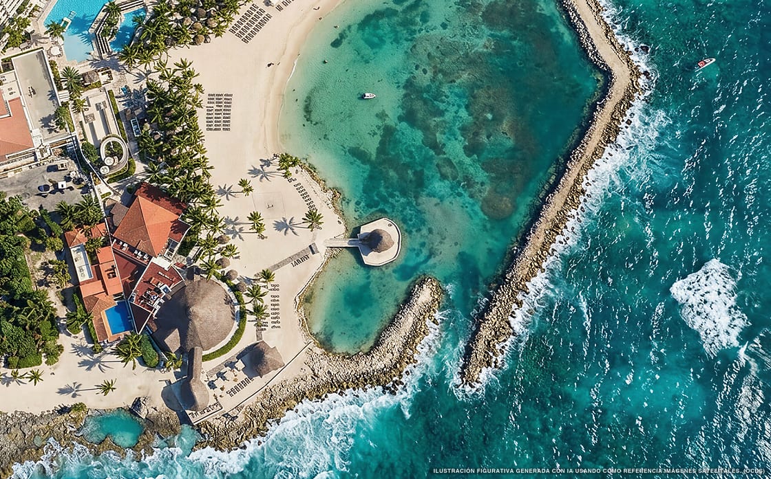 Illustrazione aerea di Dreams Aventuras Riviera Maya, Puerto Aventuras (spiaggia Playa Catalonia), Caraibi messicani