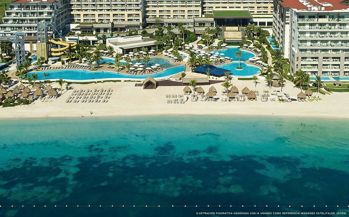 Illustration aérienne de Dreams Natura, Puerto Morelos (plage Riviera Cancun Norte), Caraïbes mexicaines