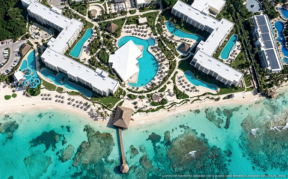 Ilustración aérea de Dreams Puerto Morelos, Puerto Morelos (playa Punta Caracol), Caribe Mexicano