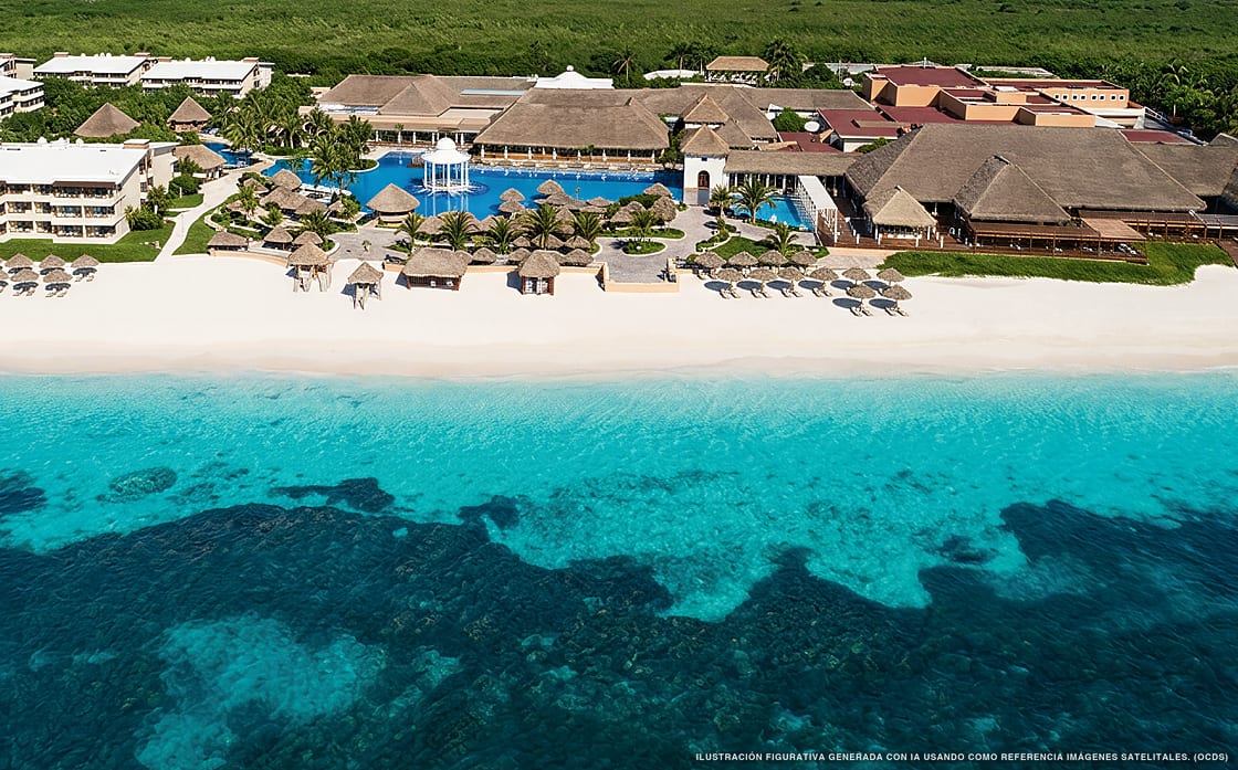 Ilustración aérea de Dreams Sapphire, Puerto Morelos (playa Punta Caracol), Caribe Mexicano