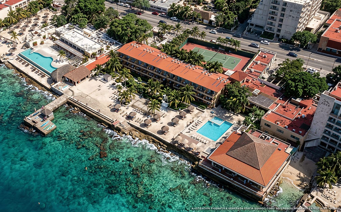 Ilustración aérea de El Cid La Ceiba, Cozumel (playa Muelle Cozumel), Caribe Mexicano