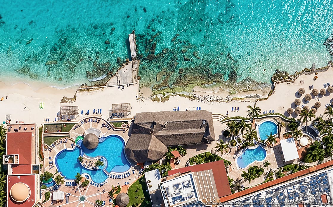 Ilustración aérea de El Cozumeleño, Cozumel (playa Punta Norte), Caribe Mexicano