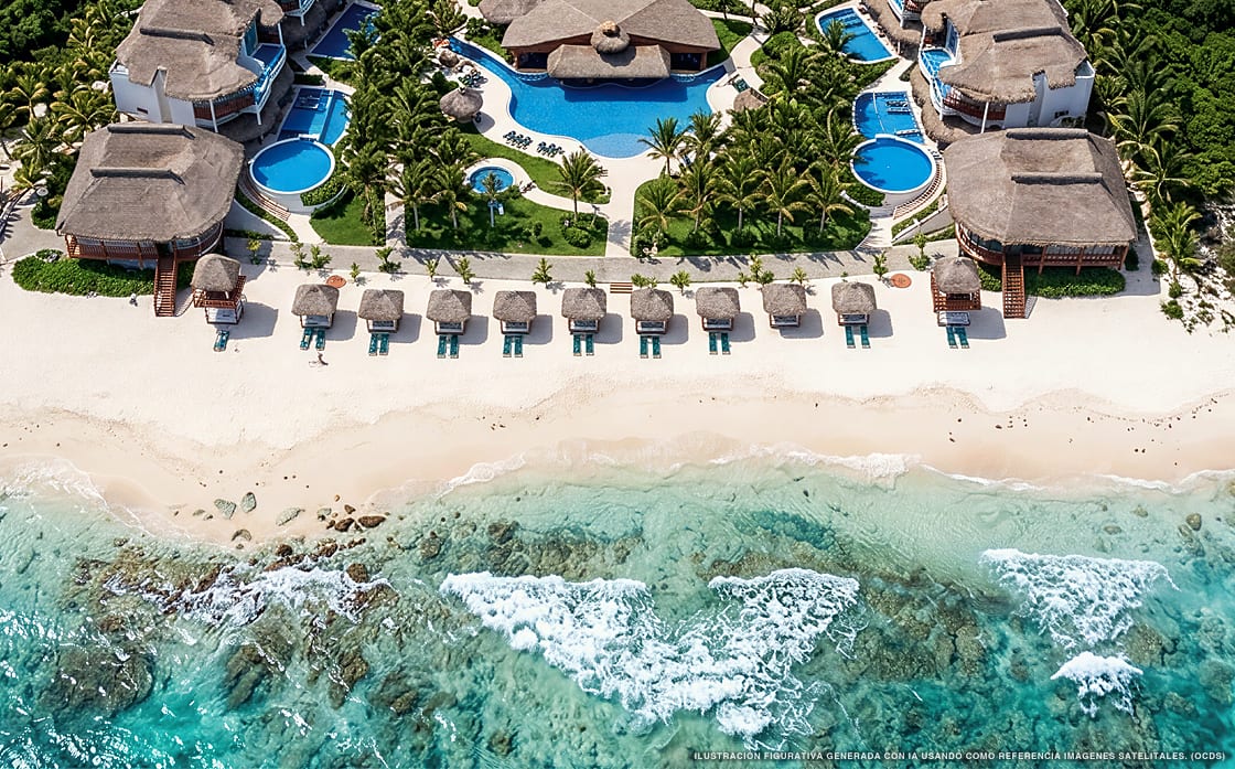 Illustration aérienne d'El Dorado Casitas Royale, Puerto Morelos (plage Playa El Dorado), Caraïbes mexicaines