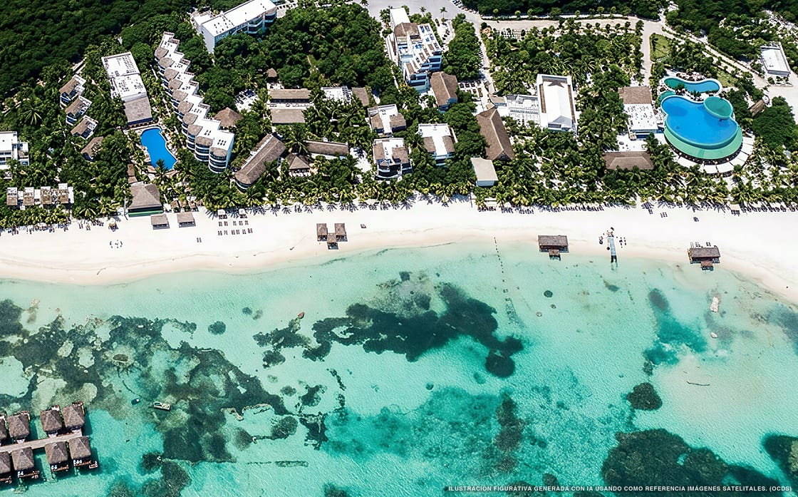 Illustrazione aerea di El Dorado Maroma, Playa del Carmen (spiaggia Playa Kanai), Caraibi messicani