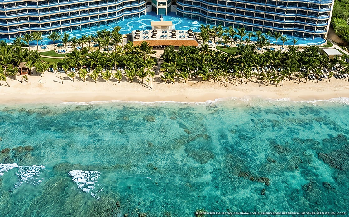 Illustration aérienne d'El Dorado Seaside Suites, Puerto Aventuras (plage Kantenah), Caraïbes mexicaines