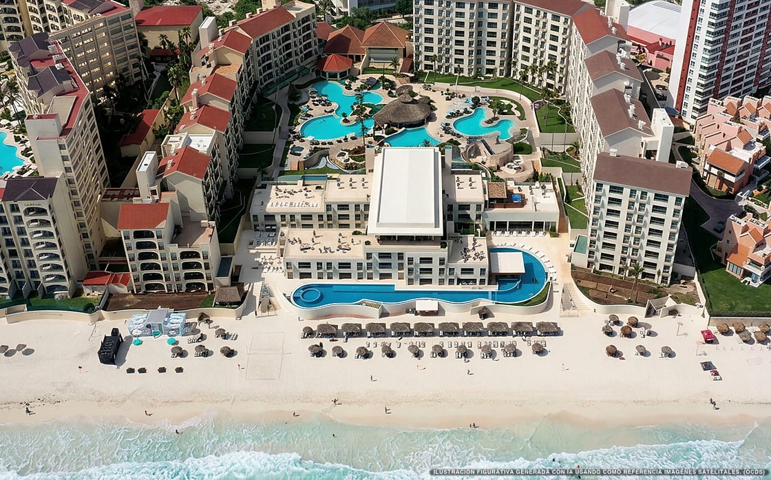 Illustration aérienne d'Emporio Cancún, Cancún (plage Playa Ballenas), Caraïbes mexicaines