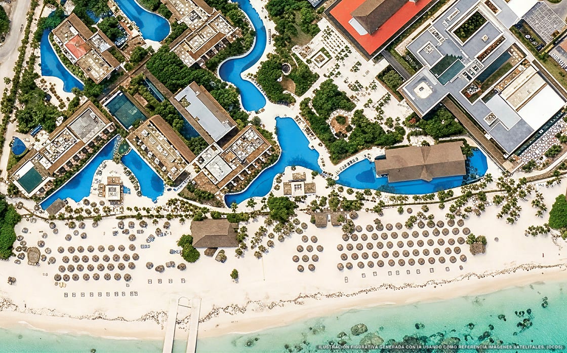 Ilustración aérea de Excellence Riviera Cancún, Puerto Morelos (playa Punta Caracol), Caribe Mexicano