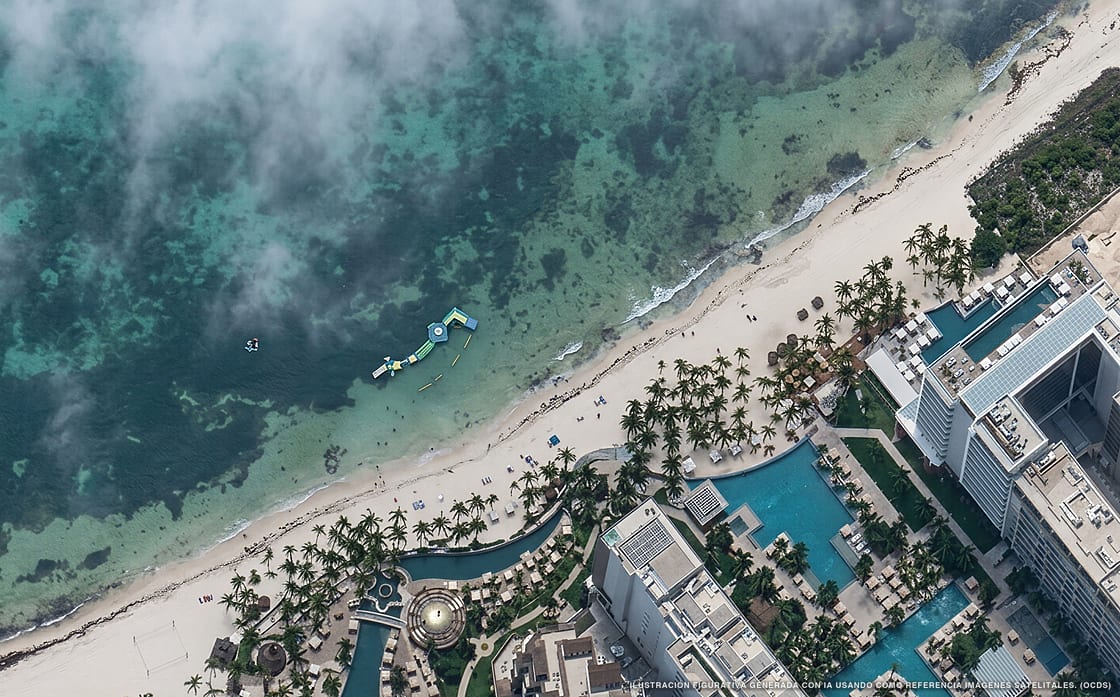 Ilustración aérea de Garza Blanca Resort, Isla Mujeres (playa Playa El Palmar), Caribe Mexicano