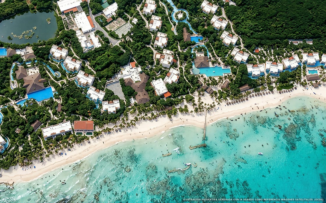 Illustrazione aerea di Generations Riviera Maya, Puerto Morelos (spiaggia Playa El Dorado), Caraibi messicani