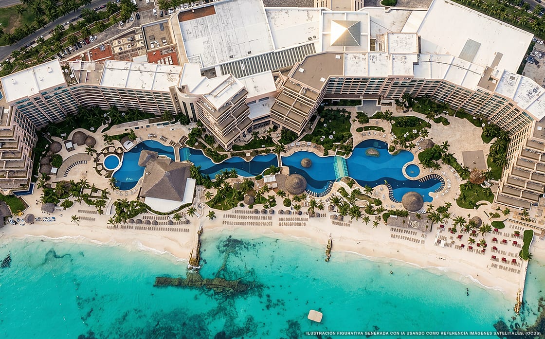 Illustration aérienne de Grand Fiesta Americana Coral Beach Cancún, Isla Mujeres (plage Playa Costa Rica), Caraïbes mexicaines