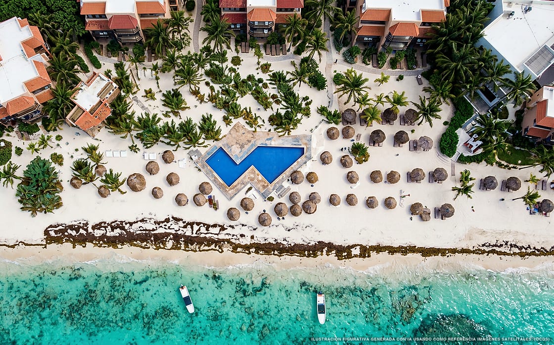 Illustration aérienne de Grand Oasis Riviera, Akumal (plage Playa Aventuras), Caraïbes mexicaines