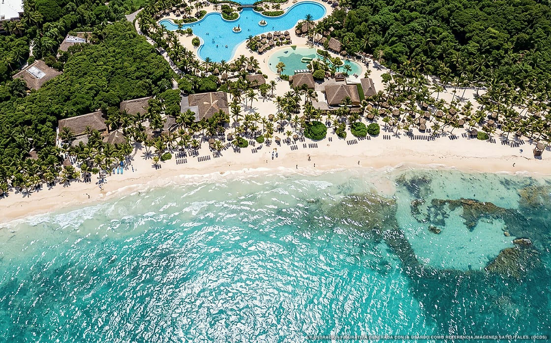 Illustrazione aerea di Grand Palladium Kantenah, Akumal (spiaggia Kantenah), Caraibi messicani