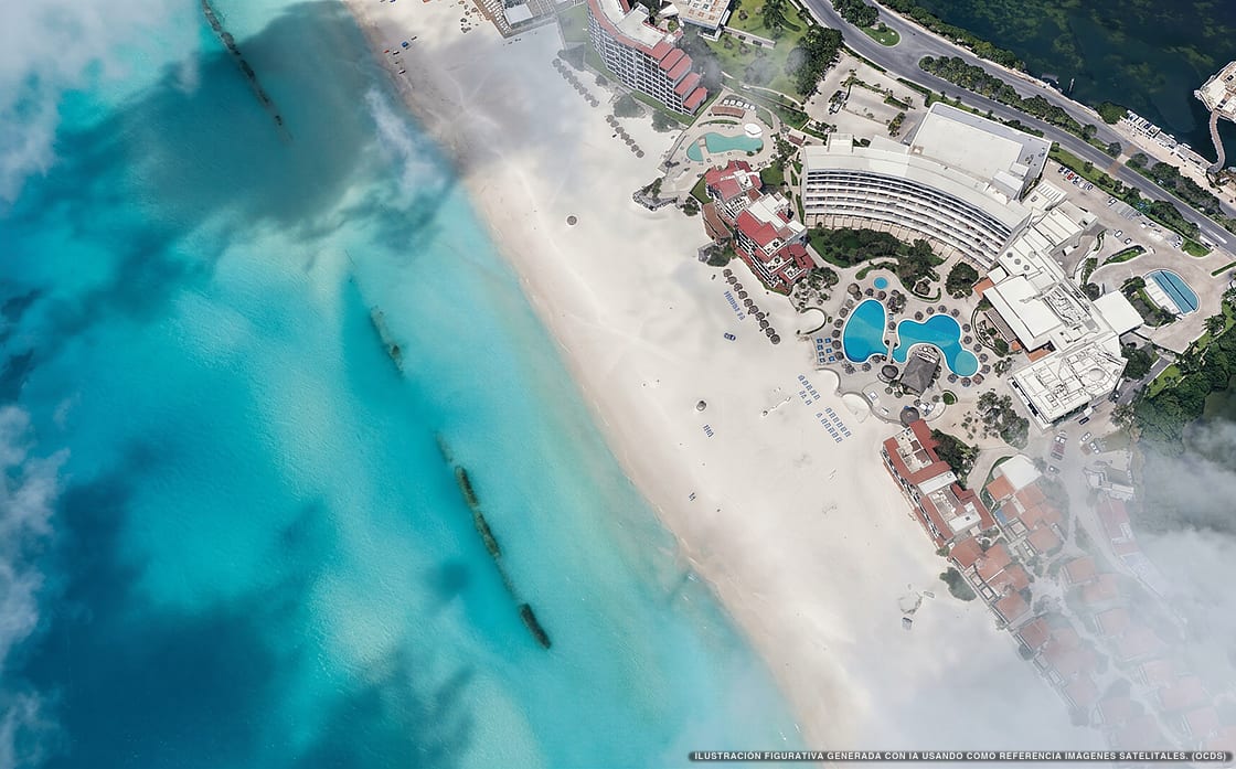 Illustrazione aerea di Grand Park Royal Cancún, Cancún (spiaggia Playa Chac Mool), Caraibi messicani