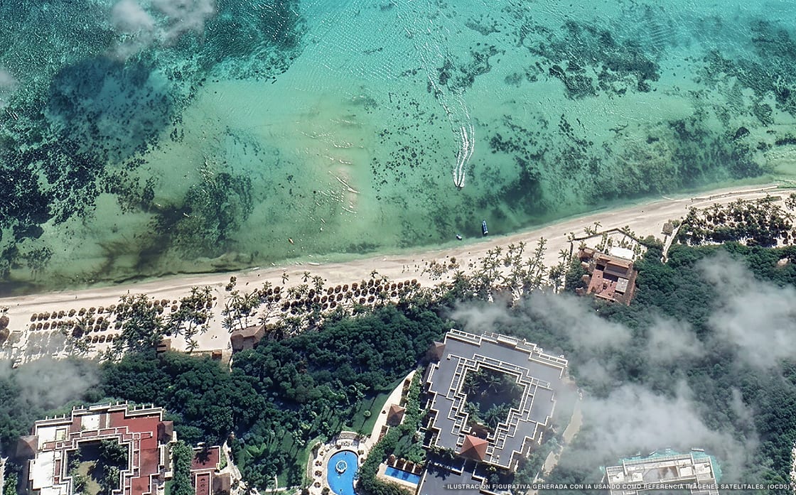 Aerial illustration of Grand Sunset Princess, Playa del Carmen (Playa Xcalacoco beach), Mexican Caribbean