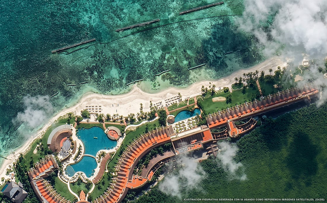 Illustration aérienne de Grand Velas Riviera Maya, Playa del Carmen (plage Mayakoba), Caraïbes mexicaines
