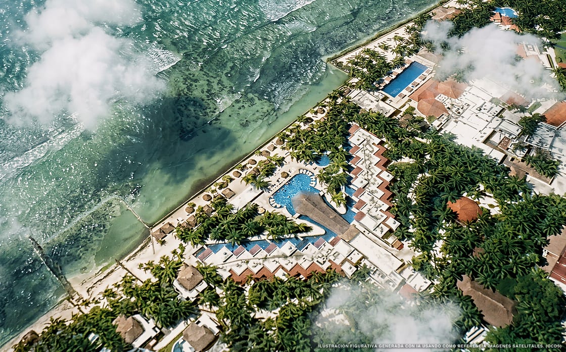 Ilustración aérea de Hidden Beach Resort Au Naturel, Puerto Aventuras (playa Kantenah), Caribe Mexicano