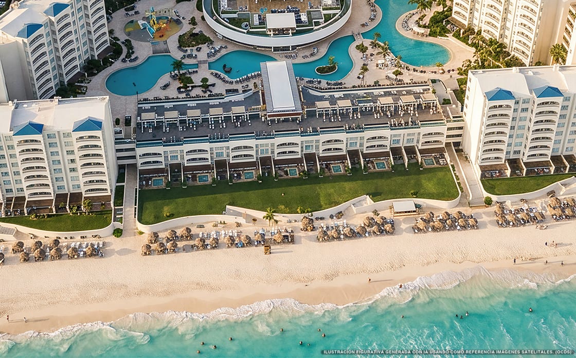 Illustration aérienne de Hilton Cancún Mar Caribe, Cancún (plage Playa Ballenas), Caraïbes mexicaines